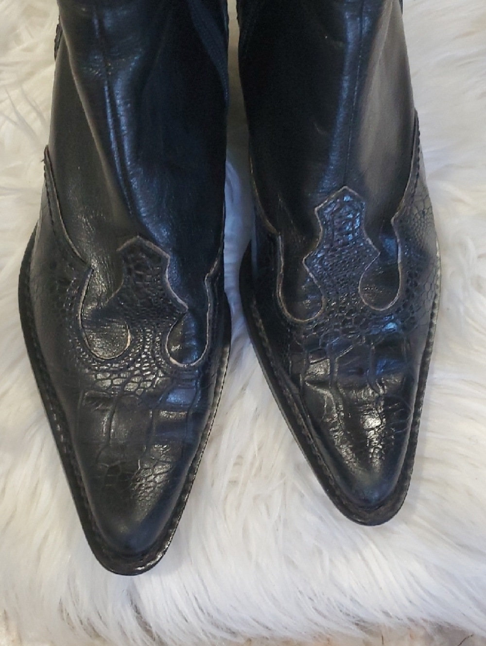 Franco Sarto Black Pointed Leather Ankle Booties with Embossed Toe - Picture 3 of 14